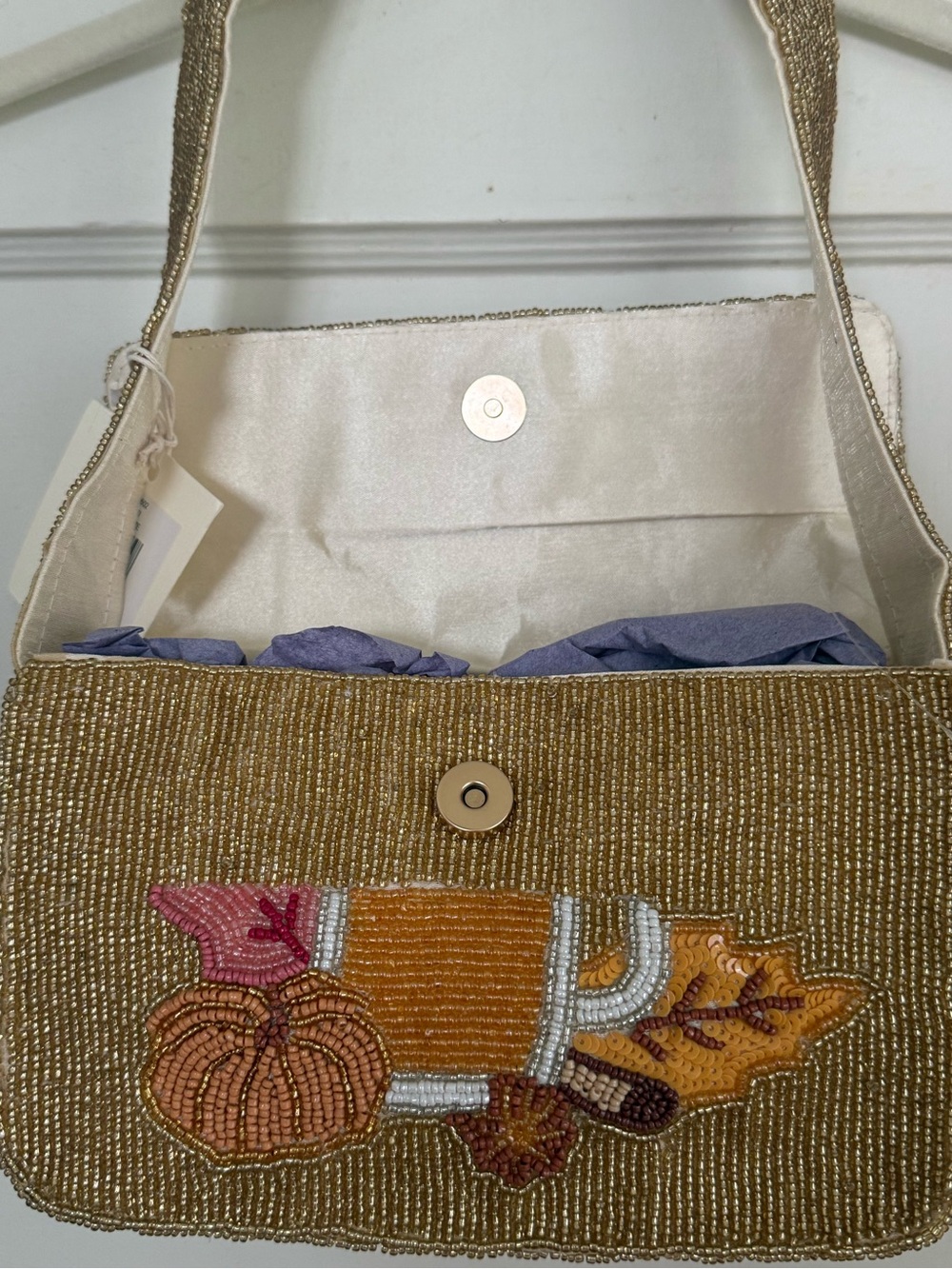 Pumpkin Spice Beaded Gold Evening Shoulder Bag with Autumn Motif for Fall